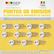 Chuquisaca: el domingo 19 de octubre se instalarán 11 puntos para la emisión de certificados de impedimento de sufragio