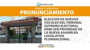 ELECCIÓN DE NUEVOS VOCALES DEL TRIBUNAL SUPREMO ELECTORAL DEBE SER PRIORIDAD DE LA NUEVA ASAMBLEA LEGISLATIVA PLURINACIONAL