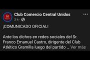 Gramilla acusa a Comercio Central Unidos y el club responde con un comunicad