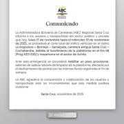 Intensas lluvias obligan al cierre total de la ruta antigua Santa Cruz–Cochabamba, reporta ABC