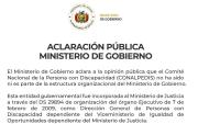 Ministerio de Gobierno aclara que Conalpedis no depende de su estructura organizacional
