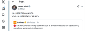 Milei celebró el ataque de Estados Unidos sobre Venezuela: La libertad avanza, posteó