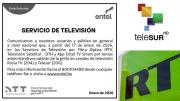 Entel retira señales de Telesur y RT por temas administrativos