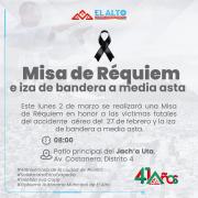 El Alto realizará misa e iza de bandera en homenaje a víctimas de accidente aéreo este lunes