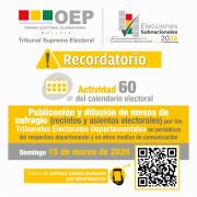 De acuerdo a calendario electoral el Tribunal Supremo Electoral publica información sobre mesas de sufragio en todo el país