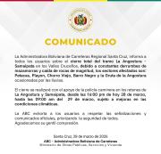 ABC cierra temporalmente de la ruta La Angostura-Samaipata por derrumbes