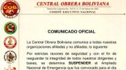 Central Obrera Boliviana suspende la asamblea que debía definir si asistía al diálogo con el Gobierno