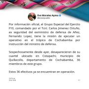 Evo denuncia supuesto despliegue del grupo F10 en el Trópico de Cochabamba
