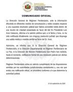 Penitenciaría asegura que no fue notificada con ninguna resolución a favor de Luis Arce