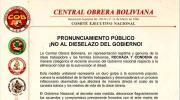 COB rechaza eliminación de la subvención al diésel y convoca a ampliado nacional de emergencia