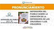 PRONUNCIAMIENTO DEFENSORÍA DEL PUEBLO DESTACA LA CREACIÓN DE LA DEFENSORÍA DE LAS CRUCEÑAS Y LOS CRUCEÑOS