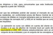 El Central ordenó a los bancos no vender más de USD 100 por mes a compras en efectivo
