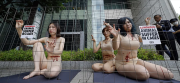 Activistas de PETA se enjaularon para protestar contra la experimentación animal de empresa nipona