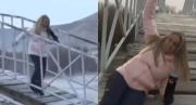 VIRAL: Reportera sufrió aparatosa caída en plena transmisión en vivo sobre un puente congelado