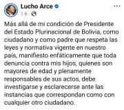 Presidente Arce afirma que toda denuncia contra sus hijos debe investigarse y esclarecerse ante las instancias que correspondan