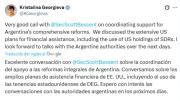 Kristalina habló con Bessent por Argentina