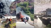 Camión se incinera tras volcar en medio de un puente en la ruta Tarija