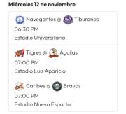 Juegos para este miércoles 12 de noviembre en la LVBP
