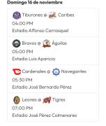 Juegos para este domingo 16 de noviembre en la LVBP