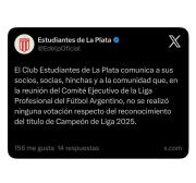 Breve y conciso: el comunicado de Estudiantes por la resolución que dictaminó a Central campeón