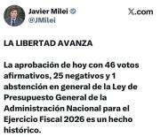 Milei celebró la aprobación del Presupuesto 2026 con un mensaje en redes tras la votación en el Senado