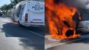 Un micro de la Policía de la Provincia de Buenos Aires se incendió en la autopista Ricchieri