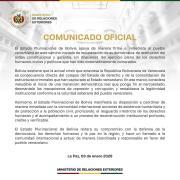 Bolivia respalda transición democrática en Venezuela y llama a restituir el orden constitucional
