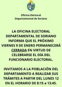 Oficina Electoral de Soriano estará cerrada este viernes 9 de enero por celebrarse el Día del Funcionario Electoral