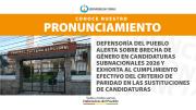 DEFENSORÍA DEL PUEBLO ALERTA SOBRE BRECHA DE GÉNERO EN CANDIDATURAS SUBNACIONALES 2026 Y EXHORTA AL CUMPLIMIENTO EFECTIVO DEL CRITERIO DE PARIDAD EN LAS SUSTITUCIONES DE CANDIDATURAS