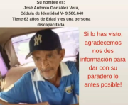 Desde el 23 de diciembre se encuentra desaparecido el sexagenario José González en San Francisco