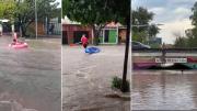 Los videos de la imprudencia en plena tormenta: bañistas y paseo en kayak por las calles