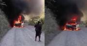 La Paz: Vehículo se incendia en plena carretera de los Yungas; ocupantes logran salvarse