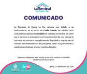 Terminal de Buses de La Paz suspende salidas a Cochabamba por deslizamiento en la carretera