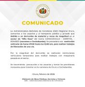 ABC restringe tránsito por derrumbe en la carretera Oruro – Cochabamba