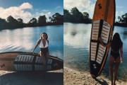 Elegancia y deporte: el look blanco y negro de Victoria Rodríguez sobre la tabla de SUP