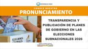 PRONUNCIAMIENTO SOBRE LA TRANSPARENCIA Y PUBLICACIÓN DE PLANES DE GOBIERNO EN LAS ELECCIONES SUBNACIONALES 2026