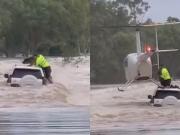 En medio de las inundaciones, un policía arriesgó su vida para rescatar a un perro atrapado en un auto