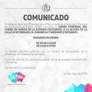 Alcaldía de La Paz anuncia cierre temporal de carril en la avenida Costanera por trabajos viales