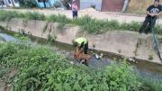 En Yapacaní, Policía rescata a un perro que cayó en un canal de drenaje