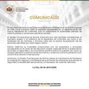 Bolivia expresa sus condolencias a Colombia y su rechazo al terrorismo y violencia