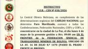 COB convoca a paro nacional y cita a concentración este lunes en La Paz
