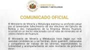 Ministerio de Minería expresa condolencias por las cuatro muertes en Huanuni y pide esperar la investigación