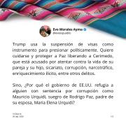 Evo Morales cuestiona restricciones de visas de EE.UU. y las vincula con el caso Cerimedo