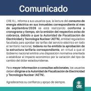 CRE ESTÁ A LA ESPERA DE LA NUEVA TARIFA A SER FIJADA POR LA AETN